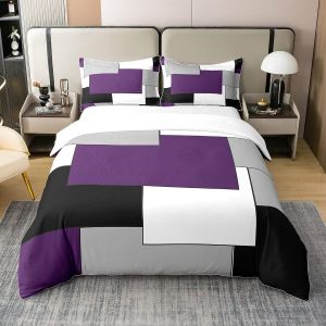 Sjzg-Violet Violet G&eacute;om&eacute;trique 100% Coton Housse De Couette 220x240cm Moderne Carr&eacute; Parure De Lit Femme Noir Gris Blanc Literie Set G&eacute;om&eacute;trique Ensemble De Lit Avec 2 Taie D'oreiller - Neuf
