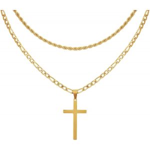Kal-Necklace Men's Cross Necklace Punk Double Necklace With Cross Pendant Stainless Steel Necklace For Men Ladies - Neuf