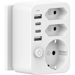 Multiprise r&eacute;seau USB avec adaptateur de voyage, 4 USB (2 x A + C) 3,4 A, charge rapide, interrupteur de s&eacute;curit&eacute; et LED - Neuf