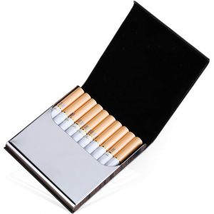 Étui à cigarettes (noir), boîte à tabac en acier inoxydable mince avec revêtement en cuir PU et intérieur en velours, ultra-mince - Neuf