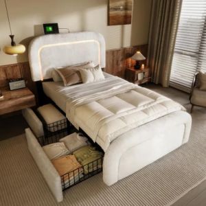 Cadre de lit avec fonction de recharge USB Type C, &eacute;clairage LED et 2 tiroirs, lit simple rembourr&eacute;, 90x200cm blanc (sans matelas) - Neuf