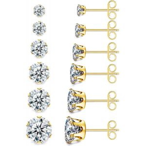 Kalanka-6 Paires Boucle D'oreille Acier Inoxydable Zircone Cubique Clous D'oreilles Argent Or Piercing Oreille Cartilage H&eacute;lix Tragus Pour Homme Femme, 3-8mm - Neuf