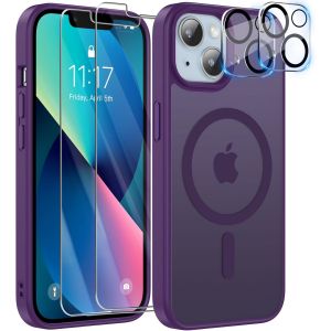 5 In 1 Coque Pour Iphone 13 Aimant&eacute;e Avec 2 Verres Tremp&eacute;s Et 2 Cam&eacute;ra Protecteur Compatible Magsafe Dos Anti Rayures Coque Magn&eacute;tique Antichoc Tpu Bumper 6,1`` Case (Violet Fonc&eacute;) - Neuf