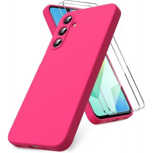 Store-Coque Compatible Avec Samsung Galaxy A16 4g/5g,2 Film De Protection En Verre Trempé,Housse Souple En Tpu En Silicone Liquide,Housse En Caoutchouc Antichoc-Rose Vif - Neuf