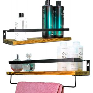 CAUC-&reg; Lot de 2 &eacute;tag&egrave;res murales laqu&eacute;es en pin Noble, id&eacute;ales pour Ranger et d&eacute;corer/&Eacute;tag&egrave;re de Cuisine/Salle de Bain r&eacute;sistante &agrave; la Chaleur et &agrave; l'humidit&eacute; avec Porte-Serviettes(marron1-noir) - Neuf