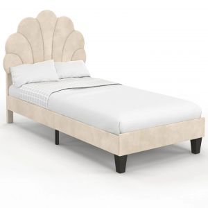 Lit simple coquillage 90 x 190 cm AMANDA avec sommier velours beige - Neuf