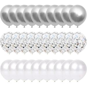 KALANKA-Lot de 60 ballons à l`hélium - Décorations pour mariage et anniversaire - 20 ballons argentés métallisés, 20 ballons à confettis argentés, 20 ballons blancs en latex - 30 cm - Neuf