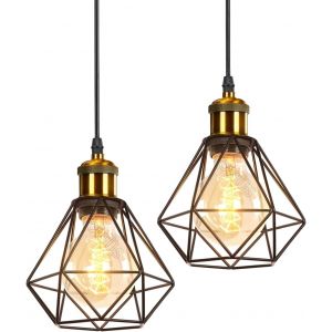KAL-Lot De 2 Lustres Suspensions Industrielles Vintages Plafonniers Luminaires Rétro E27 Douille Laiton Design Métal Cage Ø160Mm Éclairage Plafond Pour Salon Cuisine Chambre - Neuf