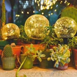 Bhhbb-Lot De 3 Boules Lumineuses Micro Led Solaires En Verre Craquelé - Neuf