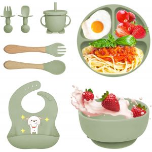 Kal-Coffret Repas Bebe 8 Pi&egrave;ces, Vaisselle Antiderapant Pour B&eacute;b&eacute; Set Silicone Avec Ventouse Assiette Bol Fourche Cuill&egrave;re Bavoir Et Tasse, Assiette Enfant Set, Sans Bpa (Vert 1) - Neuf