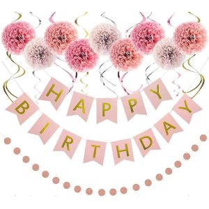 D&eacute;corations D'anniversaire,D&eacute;corations De Banni&egrave;re De Joyeux Anniversaire Tricolore Pour Femmes,Tourbillons Suspendus,Guirlandes En Papier Et Fleurs Pour Enfants,D&eacute;corations De F&ecirc;te,Fille - Neuf