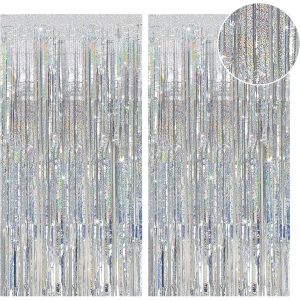 CAUC-2 Pi&egrave;ces Rideau Anniversaire, 1x2 M Scintillants Rideau Frange Anniversaire, D&eacute;coration en Feuille De Paillettes pour Remise De Dipl&ocirc;Me, Mariage, Fian&ccedil;Ailles, Halloween, No&euml;L (Argent) - Neuf