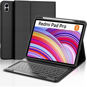 Clavier Pour Redmi Pad Pro 12.1""/Xiaomi Poco Pad 2024 Avec R&eacute;tro&eacute;clair&eacute;, &Eacute;tui Clavier Pour Xiaomi Redmi Pad Pro 2024 Magn&eacute;tique Amovible Fran&ccedil;ais Azerty Layout, Noir - Neuf