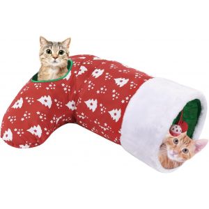 Tunnel Pour Chat, Tube &Agrave; 2 Voies En Forme De Bas De No&euml;l En Peluche Polyester, Jouet Interactif Amusant Avec Papier Froiss&eacute; Et Cadre Pour Chaton Furet Lapin Petits Animaux De Compagnie, Rouge - Neuf