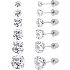 Kal-Lot De 6 Paires De Clous D'oreilles En Acier Inoxydable Chirurgical Avec Vis Arrière Plaqué Or 18 Carats En Forme De Coeur, Étoile, Carré, Coupe Princesse, Rondes, Zircons Cubiques Blancs, Pour Fe - Neuf