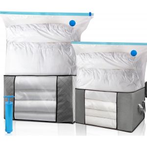 lbgwp60-Housse De Rangement Sous Vide Xxl, Kit De Rangement Grande Capacité - 2 Sacs Sous Vide, 2 Sacs De Rangement Avec Poignées De Renforcement Et 1 Pompe, Pour Duvet Couette Oreillers Vêtements La - Neuf