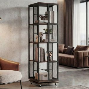 Biblioth&egrave;que HWC-P13, &eacute;tag&egrave;re sur pied, &eacute;tag&egrave;re pivotante, roulettes pivotantes, m&eacute;tal industriel m&eacute;lamin&eacute; MVG 147x40x40cmbrun fonc&eacute; - Neuf