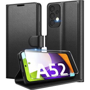 JGD-Coque pour Samsung Galaxy A52 (5G/4G) / A52s 5G + 1 Verre Tremp&eacute; Protection &eacute;cran,[Housse Premium en Cuir PU][Fentes pour Cartes][Pochette de Portefeuille],Etui &agrave; Rabat - Noir - Neuf