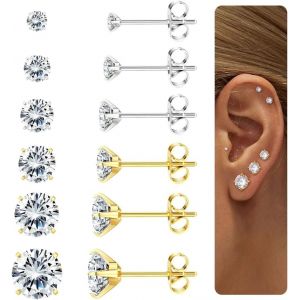 Kal-6 Paires Boucles D'oreilles Pour Femmes Hommes Acier Chirurgical Piercing Oreille Hypoallergénique Clou D'oreille 5a Zircone Cubique Helix Cartilage Tragus Piercing Boucles D'oreilles - Neuf