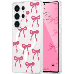 TRAHOO-Coque Magn&eacute;tique pour Samsung Galaxy S24 Ultra 5G Transparent &Eacute;tui Housse de T&eacute;l&eacute;phone en Motif de Papillon Case avec Recharge sans Fil, Antichoc Bumper Cover pour Filles Femme, Rose Rouge - Neuf