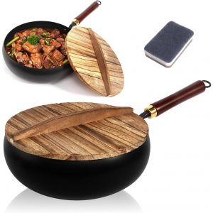 Subzonal-Casserole En Fer Forg&eacute; &Agrave; La Main, Po&ecirc;le Japonaise En Fer Forg&eacute; Avec Couvercle En Bois 28 Cm Po&ecirc;le En Fers Non Rev&ecirc;tue Antiadh&eacute;sive Polyvalente Pour La Cuisine, Au Restaurant Ou &Agrave; La Maison - Neuf