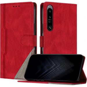 Kal-Étui Pour Sony Xperia 1 Iv, Housse En Cuir Pu Avec [Protection Antichoc Tpu] [Fonction Support] [Porte-Cartes ] Antichoc Magnétique Coque Pour Xperia 1 Iv - Rouge - Neuf