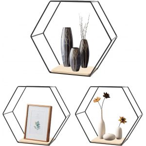 CAUC-Hexagon Lot de 3 &eacute;tag&egrave;res murales en m&eacute;tal - D&eacute;coration murale - 3 tailles - &Eacute;tag&egrave;res hexagonales pour salon, chambre &agrave; coucher, salle de bain, couloir, caf&eacute;, appartement (noir) - Neuf