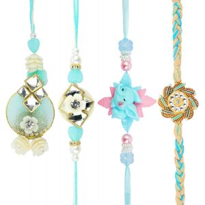 Kal-Rakhi Bhaiya Bhabhi Veera Set Rakhi Lumba Set With Dora For Brother Bhabhi Set Of 4 Family Rakhee Card Gift Pack Thread Bracelet Dori Kalwa For Raksha Bandhan Indian Traditional Festival - Neuf