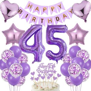 CAUC-D&eacute;coration de g&acirc;teau d'anniversaire 45e anniversaire - Cadeau violet - Ballons Happy Birthday - Chiffre 45 - Ballons en aluminium - D&eacute;coration de g&acirc;teau - Convient pour femmes, hommes, personnes - Neuf