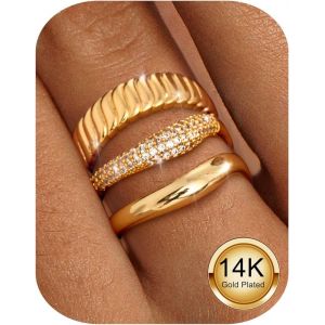 Kahfl-14k Plaqué Or Gros Bagues Empilables Ensemble Pour Les Femmes|Cubique Zirconie Bandes Ensemble|Bague Éternité Délicate|3 Bagues De Déclaration Pack - Neuf