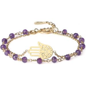 Eryi-Bracelet Double Rang, Pierre Femme, Main De Fatma Femme - Neuf