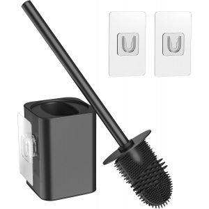 Brosse WC en Silicone Noir,Brosse WC Montage Mural sans perçage,Ensemble de Brosse WC avec 2 Morceaux de Ruban adhésif,Peut Changer l'emplacement Librement. - Neuf