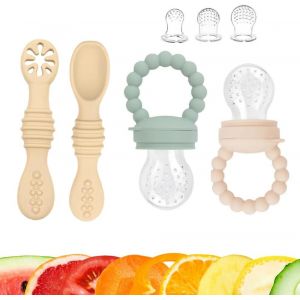 Cuillere Bebe 1er Age Et 2eme Age Et Grignoteuse Bebe Avec Anneau De Dentition Integre|Coffret Cuiller Apprentissage Et Tetine A Fruits|Diversification Alimentaire En Toute Securite De 4 A 24 Mois - Neuf