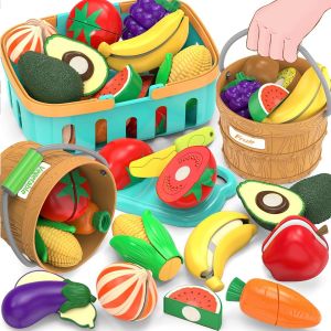 DDA-Trier Les Jeux d'aliments, 2 seaux avec poignée, 1 Panier de Rangement, Un Jouet pour Couper Fruits et légumes, Faux Accessoires de Cuisine pour Enfants, pour l'apprentissage préscolaire - Neuf