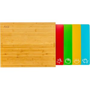 Grand Set De Planches À Découper En Bois De Bambou Avec Tapis De Découpe En Plastique Flexible Coloré Lavable Au Lave-Vaisselle - Des Tapis À 4 Codes De Couleur Avec Des Icônes Alimentaires - Neuf