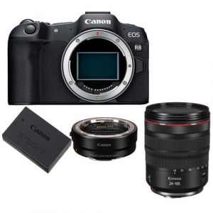 Appareil photo Canon EOS R8 + adaptateur de montage EF-EOS R + batterie canon LP-E17 + RF 24-105mm f4L IS USM - Neuf