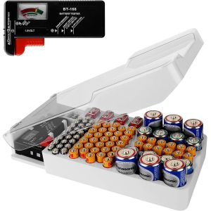 &Eacute;tui de rangement pour organisateur de piles, bo&icirc;te de rangement pour piles avec testeur pouvant contenir 93 piles de diff&eacute;rentes tailles pour piles AAA, AA, 9 V, C, D et boutons - Neuf