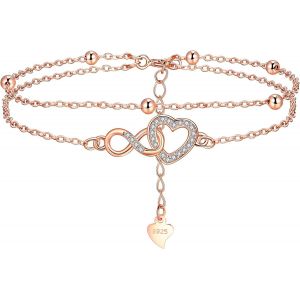 Eryi-Bracelet Coeur Infini Pour Femme Argent Sterling 925 Double Amitié Chaînes Bracelet Avec Zircone, Cadeau Pour Anniversaire Fête Des Mères, Réglable 17+4cm - Neuf