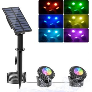 Lumières Led Submersible Solaire, 2 Modes Spot Piscine Rgb, 5.5v Changement De Couleur Éclairage De Piscine, Ip68 Etanche Lampe Solaire Pour Aquarium, Jardin, Piscine, Fontaine, Étang (2 En 1) - Neuf