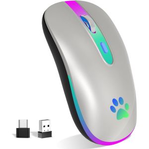 Souris sans Fil Rechargeable, Souris Bluetooth Rétroéclairée de 7 Couleurs avec Mini récepteur USB de 2,4G, Souris Gamer pour PC, Mac, Ordinateur Portable, Chromebook, Notebook,Windows,Andriod - Neuf