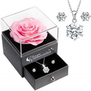 Cadeau Fete des Meres, Rose Eternelle avec Bijoux Argent 925, Collier et Boucles d'oreilles,Cadeau F&ecirc;te des M&egrave;res,Vraie Rose Pr&eacute;serv&eacute;e avec Collier,Cadeau Anniversaire Femme,Coffret Cadeau Maman - Neuf