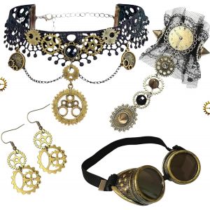 4 Pi&egrave;ces Steampunk Accessoires Femme, R&eacute;tro Steampunk Collier Gothique Ras Du Cou Bracelet Steampunk Boucles Lunettes, Femme Gothique Dentelle Noir Colliers, Gothic Vintage Accessoires Set - Neuf