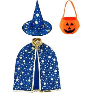 (Bleu) 1 cape de sorcier avec chapeau et sac citrouille, accessoires de costume d'Halloween pour fête de jeu de rôle pour enfants - Neuf