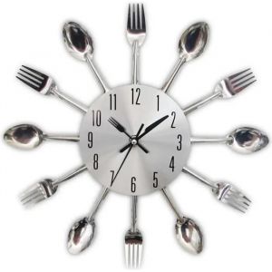 Horloge de cuisine effet miroir en forme de cuillère, fourchette, couverts, Parfait pour décoration de la maison 32*32*4CM - Neuf