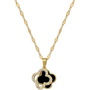 Kal-Collier Pendentif Trèfle À Quatre Feuilles En Onyx Pour Femme - Fine Bijoux En Acier Inoxydable Or Avec Zircon Incrusté - Cadeaux Lucky Pour Soeurs - Neuf