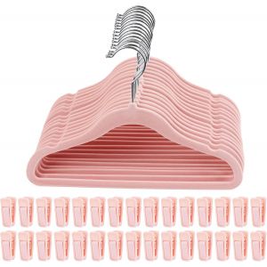 KGABERY-Lot De 15 Cintres Antidérapants En Velours Rose Avec 30 Pinces À Doigts-Ultra Fins Pour Économiser De L'Espace-Pour Ensembles De Vêtements Et Enfants - Neuf