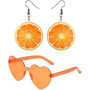 Kal-1 Paire Boucles D'oreilles Forme Fruit Orange + 1paire Iunettes Soleil Forme Coeur Orange,Pendentif Fruit Amusant Et Mignon Lunettes Forme Coeur,Bijoux Cadeaux Pour Femmes - Neuf