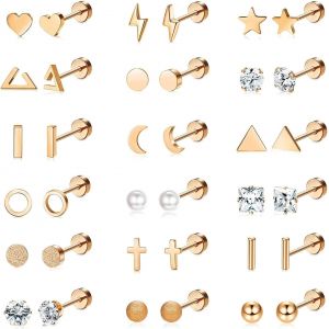 Kal-18 Paires Petite Boucles D'oreilles Femme Acier Inoxydable Hypoallergénique Boucle D'oreille Argent Multiples Géométriques Boule Opale Etoile Lune Coeur Perle Fleur Cz Piercing Oreille - Neuf