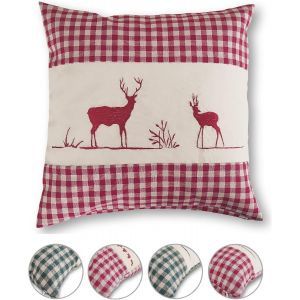 Kalanka-Housse De Coussin 40x40 - Coussin D&eacute;coratif Style Campagnard Cerf Brod&eacute; &Agrave; Carreaux Rouges, Carreaux Rouges Fond Clair Fermeture &Eacute;clair - Neuf