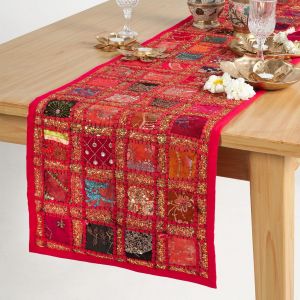 Eryi-Chemin De Table Patchwork Rajasthani - Coureur De Table Coloré Coton Rouge Luxe Table Basse Table De Salle À Manger Decor 30 X 182 Cm - Neuf
